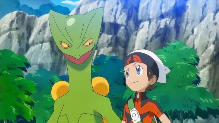 Pokémon Remake: Multi-Region MMO Leaks Reveal Hoenn & Sinnoh Animated image of a Pokémon trainer standing next to the Pokémon Sceptile, set against a mountainous backdrop.