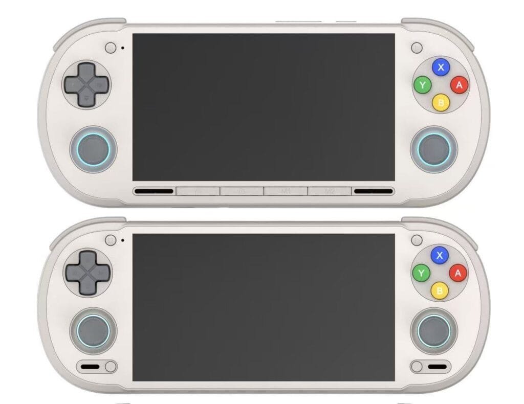 Two Retroid Pocket 6 handheld gaming devices, top and bottom view, in white.