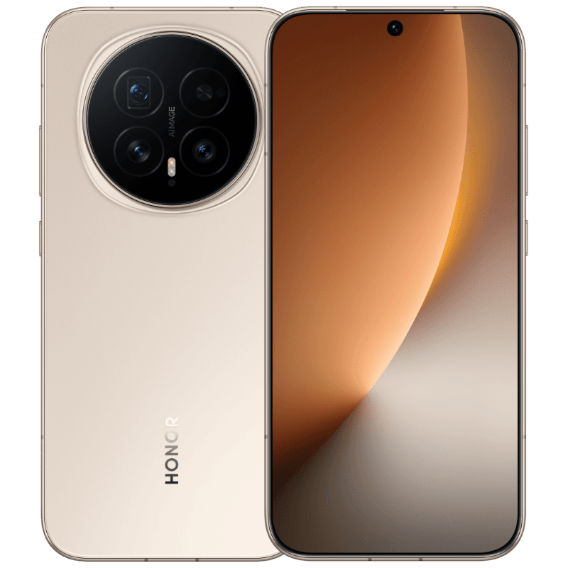 Honor Magic 8 Image of the Honor Magic 8, showcasing its gold color, sleek design, and distinctive circular camera module with multiple lenses.