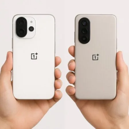 OnePlus Ace 6 Spotted with 7,800mAh Battery and 120W Fast Charging Two hands holding up a white and a beige OnePlus Ace 6 smartphone, showcasing their rear designs with distinct camera arrangements and the OnePlus logo.