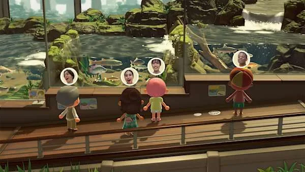 Animal Crossing characters visit a museum exhibit featuring large fish tanks with player avatars floating above.