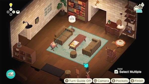 Overhead view of a warmly lit Animal Crossing living room with brown sofas, a blue rug, and wooden furniture.