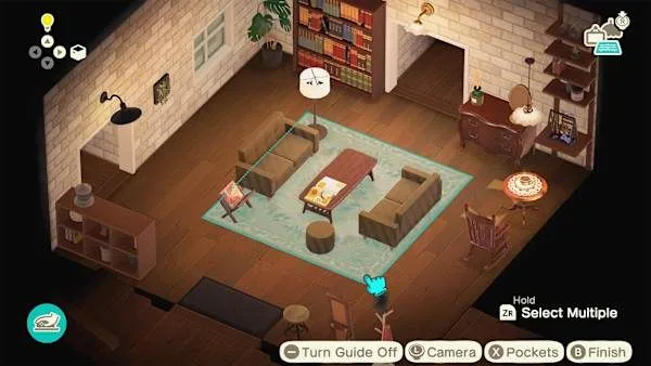 Overhead view of a warmly lit Animal Crossing living room with brown sofas, a blue rug, and wooden furniture.