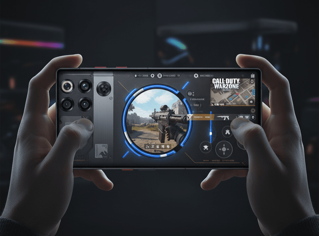 How Important Is a High-Performance GPU for Mobile Gaming? A person holds a smartphone horizontally, actively playing 'Call of Duty: Warzone Mobile.' The phone's screen displays the first-person shooter game interface, while the back of the phone, visible under the left hand, features a prominent multi-lens camera array.