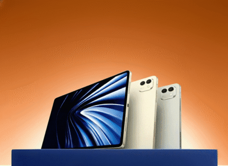 Image of the Honor MagicPad 3 Pro showcasing its sleek design with a blue screen display, available in gold and silver color variants.