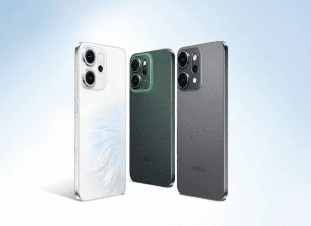 Oppo Reno 15 Leaks Hint at Compact Design and Premium Design, November Launch Expected Three Oppo Reno 15 series smartphones in white, green, and gray are displayed against a light blue gradient background. The phones feature a dual-camera setup and the Oppo logo is subtly visible on the lower back of each device.