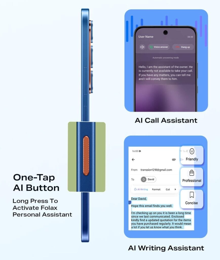 Image highlighting the Infinix Hot 60 5G+ features: a side view of the phone with an orange One-Tap AI Button, a screen displaying an AI Call Assistant, and another screen showing an AI Writing Assistant with tone options.