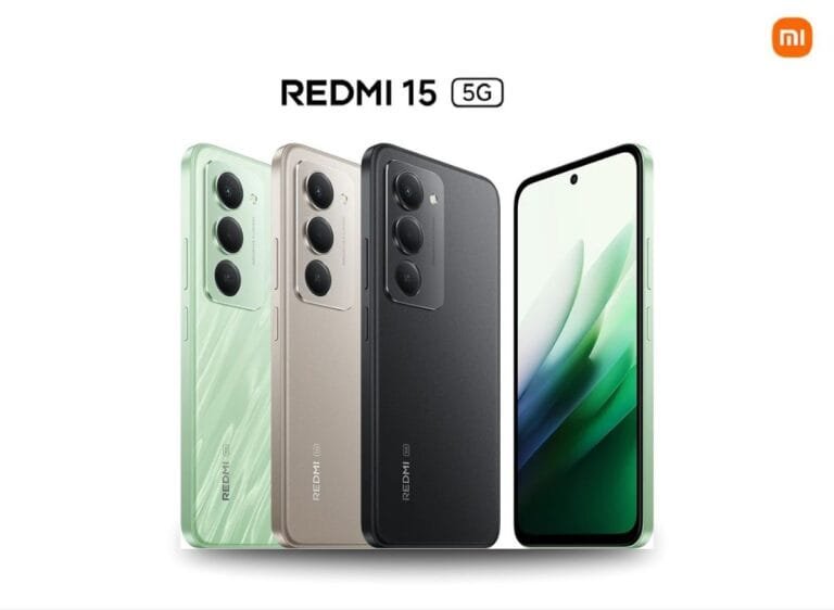 Redmi 15 5G Price in the Philippines Starting at ₱7,999 Three Redmi 15 5G smartphones in different colors (green, gold, black) standing side-by-side.