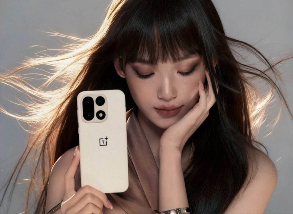 A person with long dark hair holds a cream-colored OnePlus 15 smartphone, showcasing its camera module and design.