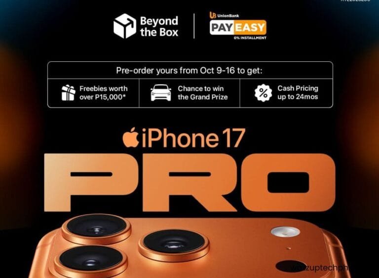 Close-up of the back of an orange iPhone 17 Pro, highlighting the triple-lens camera system, with a promotional banner above offering freebies worth over P15,000, a chance to win a grand prize, and cash pricing up to 24 months for pre-orders from October 9-16 at Beyond the Box, with UnionBank PayEasy installment option.