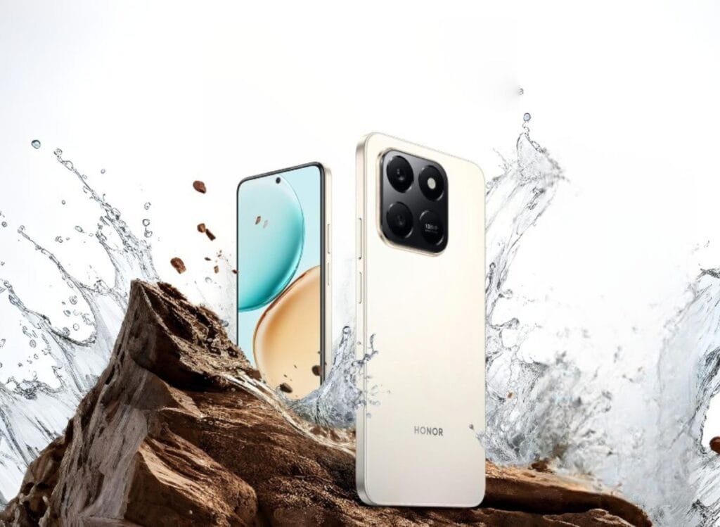 Image of the Honor X7d in a promotional setting, showcasing its design, camera module, and rugged features with water and rock elements.