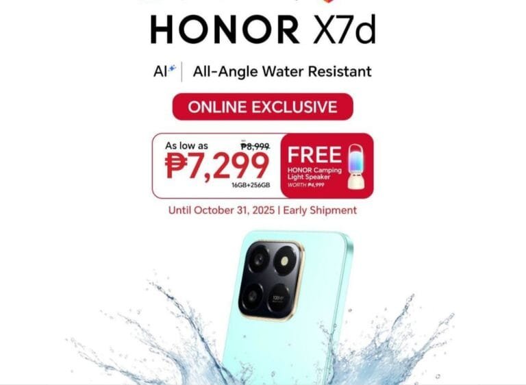 Promotional image for the Honor X7d, highlighting its AI features, water resistance, and online exclusivity. Special offer: As low as ₱7,299 with a free HONOR Camping Light Speaker. Offer valid until October 31, 2025.