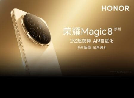 Close-up of the gold Honor Magic 8 Pro showcasing its circular camera module. The image also features the HONOR logo and Chinese text promoting the Magic 8 Pro series.
