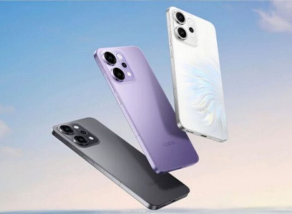 A promotional shot showcasing the Oppo Reno 15 Pro Max in three color variants: gray, lavender, and white.