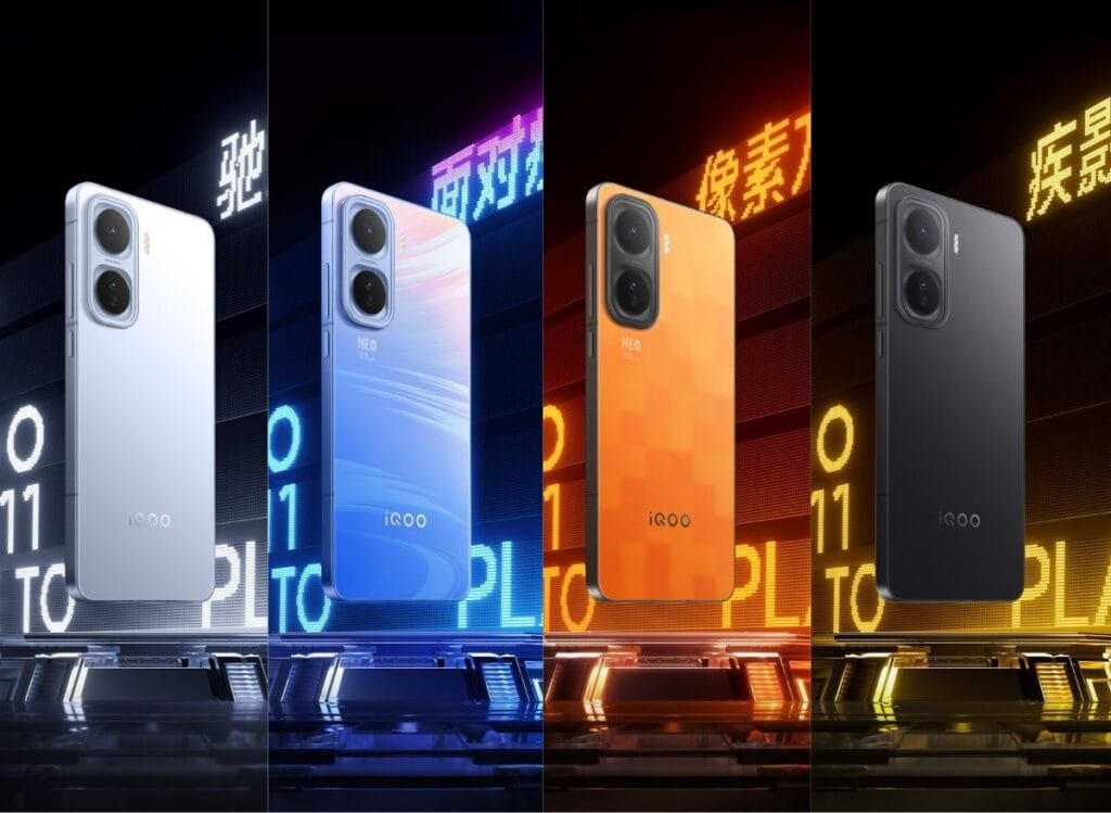 Four iQOO Neo 11 smartphones in different colors (white, blue, orange, and black) are displayed against a dark background with neon lighting. The phones are elevated on platforms with the 'iQOO' logo visible on each device.