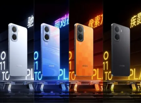 iQOO Neo11 to Debut with Anti-Reflective Coating Display and IP69 Rating Four iQOO Neo 11 smartphones in different colors (white, blue, orange, and black) are displayed against a dark background with neon lighting. The phones are elevated on platforms with the 'iQOO' logo visible on each device.