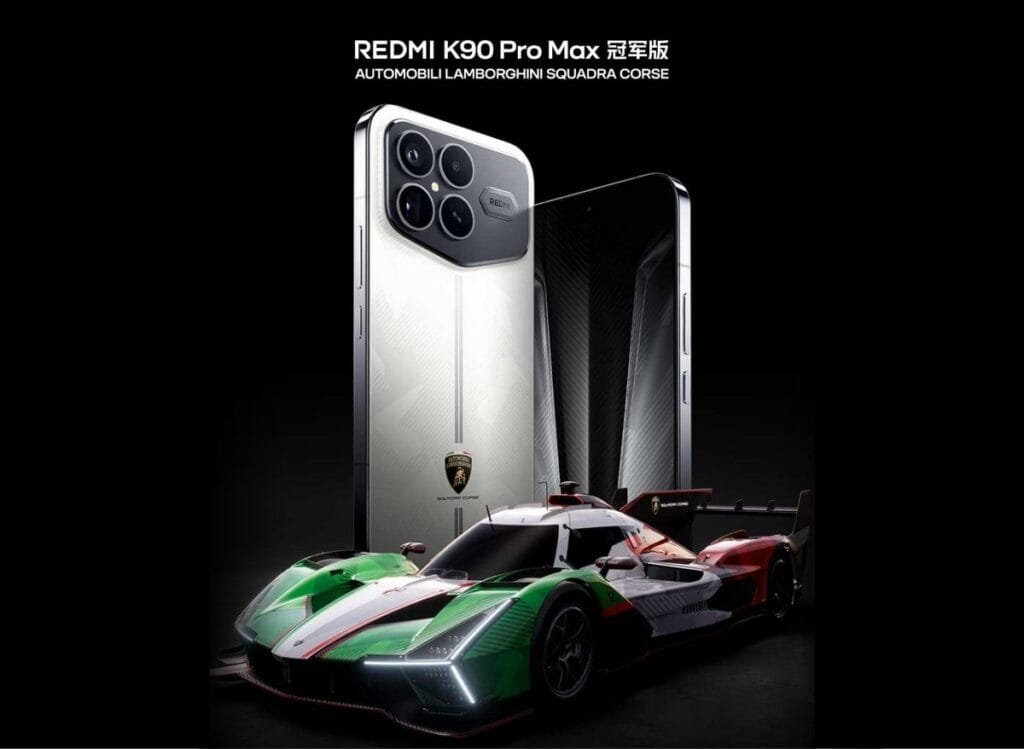 A sleek white Redmi K90 Pro Max Lamborghini Squadra Corse Edition smartphone with a prominent quad-camera module and a Lamborghini logo on its back, stands upright next to a dark-screened phone. In the foreground, a vibrant green, white, and red Lamborghini race car is visible. The text "REDMI K90 Pro Max 冠军版" and "AUTOMOBILI LAMBORGHINI SQUADRA CORSE" are displayed at the top.