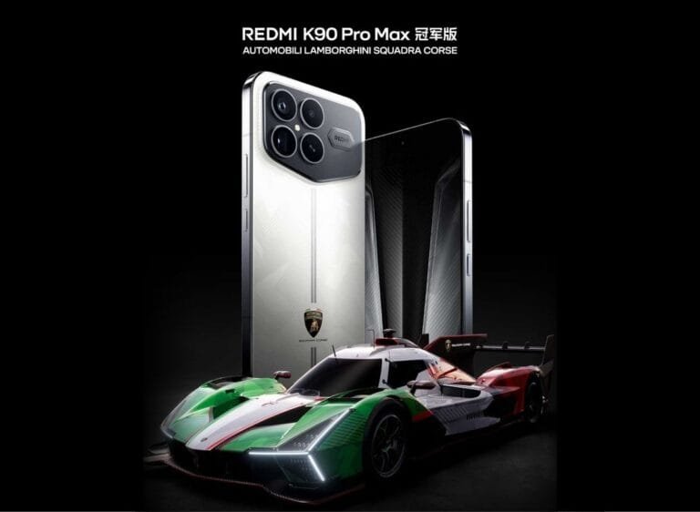 A sleek white Redmi K90 Pro Max Lamborghini Squadra Corse Edition smartphone with a prominent quad-camera module and a Lamborghini logo on its back, stands upright next to a dark-screened phone. In the foreground, a vibrant green, white, and red Lamborghini race car is visible. The text "REDMI K90 Pro Max 冠军版" and "AUTOMOBILI LAMBORGHINI SQUADRA CORSE" are displayed at the top.