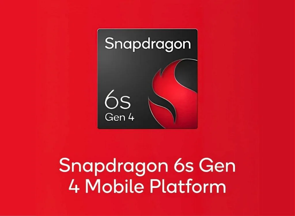 Red background with the Snapdragon 6 Gen 4 Mobile Platform logo. The logo is a black square with "Snapdragon" in white text at the top, "6" and "Gen 4" in white on the left, and a stylized red "S" on the right. The text "Snapdragon 6s Gen 4 Mobile Platform" is written in white at the bottom of the image.