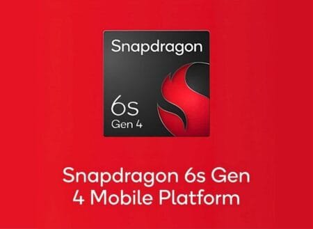 Red background with the Snapdragon 6 Gen 4 Mobile Platform logo. The logo is a black square with "Snapdragon" in white text at the top, "6" and "Gen 4" in white on the left, and a stylized red "S" on the right. The text "Snapdragon 6s Gen 4 Mobile Platform" is written in white at the bottom of the image.