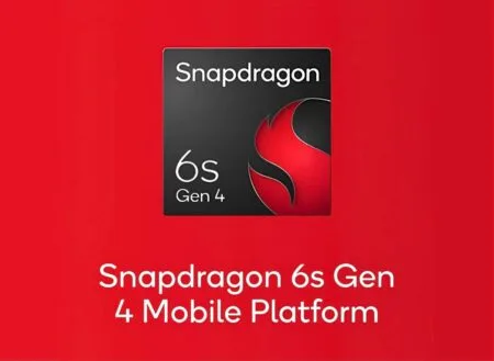 Red background with the Snapdragon 6 Gen 4 Mobile Platform logo. The logo is a black square with "Snapdragon" in white text at the top, "6" and "Gen 4" in white on the left, and a stylized red "S" on the right. The text "Snapdragon 6s Gen 4 Mobile Platform" is written in white at the bottom of the image.
