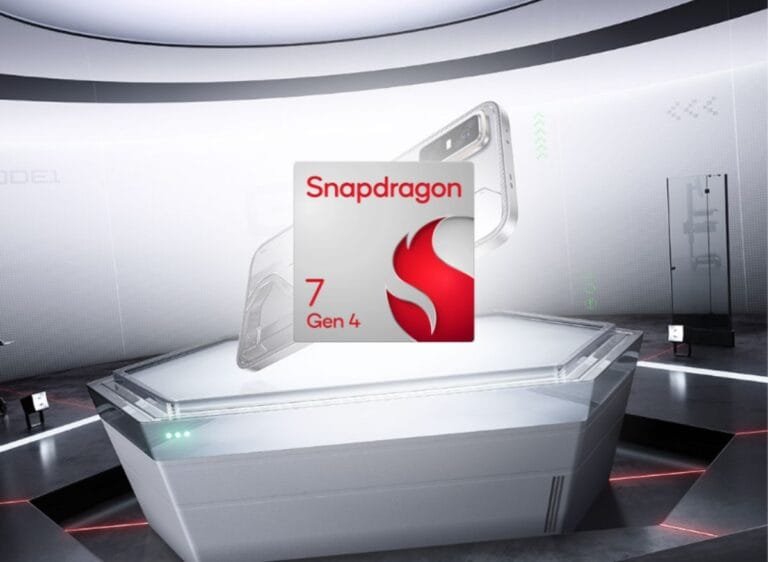 Infinix Mobile Spotted on Geekbench with Snapdragon 7s Gen 4 Promotional image showcasing the Snapdragon 7 Gen 4 chipset. An Infinix smartphone (possibly the X6878) is subtly displayed in the background, suggesting its use of the chipset.