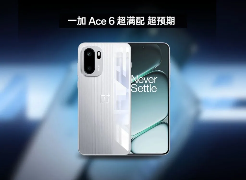 Image of the OnePlus Ace 6, showcasing its white color, rear camera setup, and "Never Settle" display.