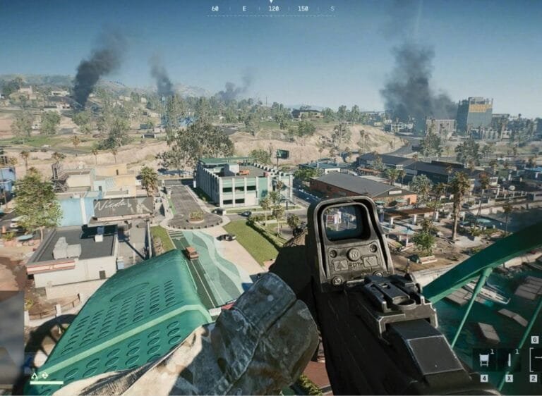 Battlefield 6 Battle Royale Mode ‘RedSec’ Revealed: EA Announces Free-to-Play Surprise Release Battlefield 6 RedSec gameplay: A player aims down sights from a high vantage point, showing a town with distant smoke plumes, indicating active combat.