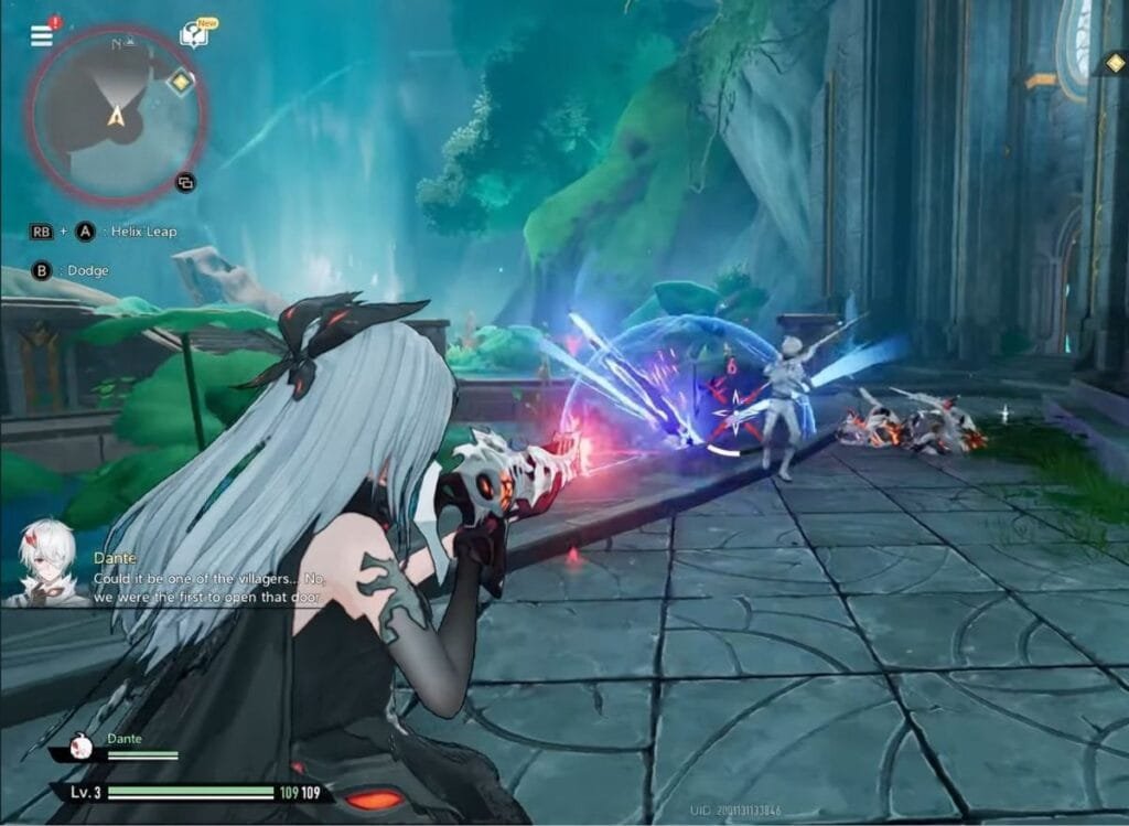 Duet Night Abyss Launches Globally | A Cross-Platform Action RPG "Duet Night Abyss" screenshot: Dante, a blue-haired character, aims a gun at an enemy in a fantasy environment. Action RPG gameplay is visible.