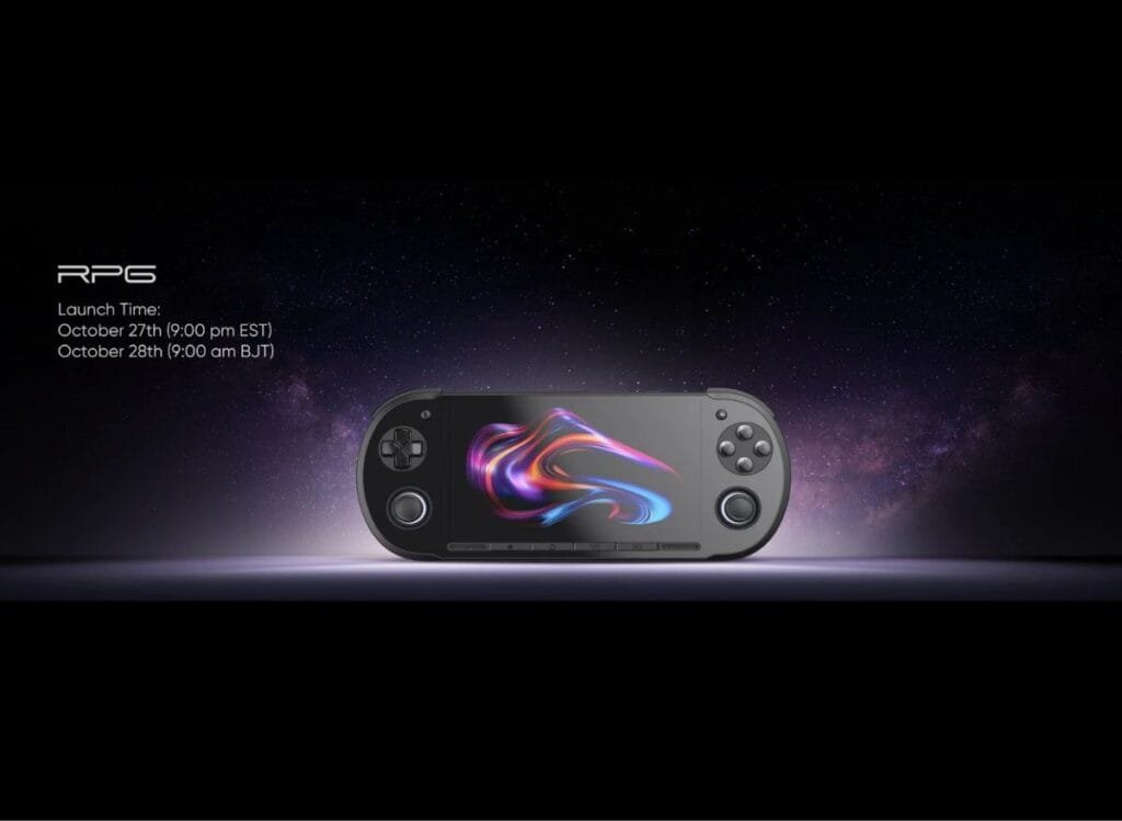 Retroid Pocket 6 (RP6) | Android Handheld with Snapdragon 8 Gen 2 Image of the Retroid Pocket 6, a handheld gaming console, featuring a sleek design with integrated controls. The background shows a cosmic scene with stars. Launch date is October 27th (9:00 pm EST) / October 28th (9:00 am BJT).