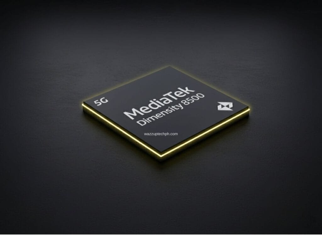 MediaTek Dimensity 8500 Leaked AnTuTu Score Exceeds 2 Million Points A sleek, stylized rendering of the MediaTek Dimensity 8500 chip with glowing edges, set against a dark background.