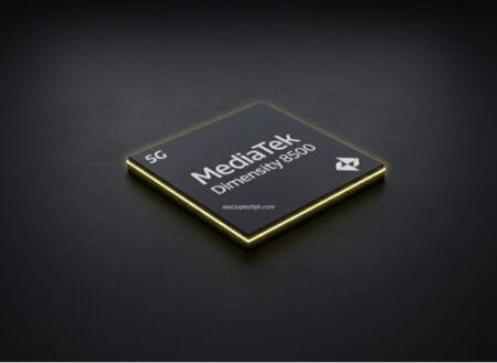 A sleek, stylized rendering of the MediaTek Dimensity 8500 chip with glowing edges, set against a dark background.