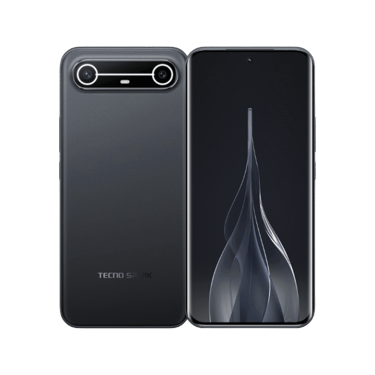 Tecno Spark Slim Front and back view of the Tecno Spark Slim, showcasing its slim design and dual camera setup.