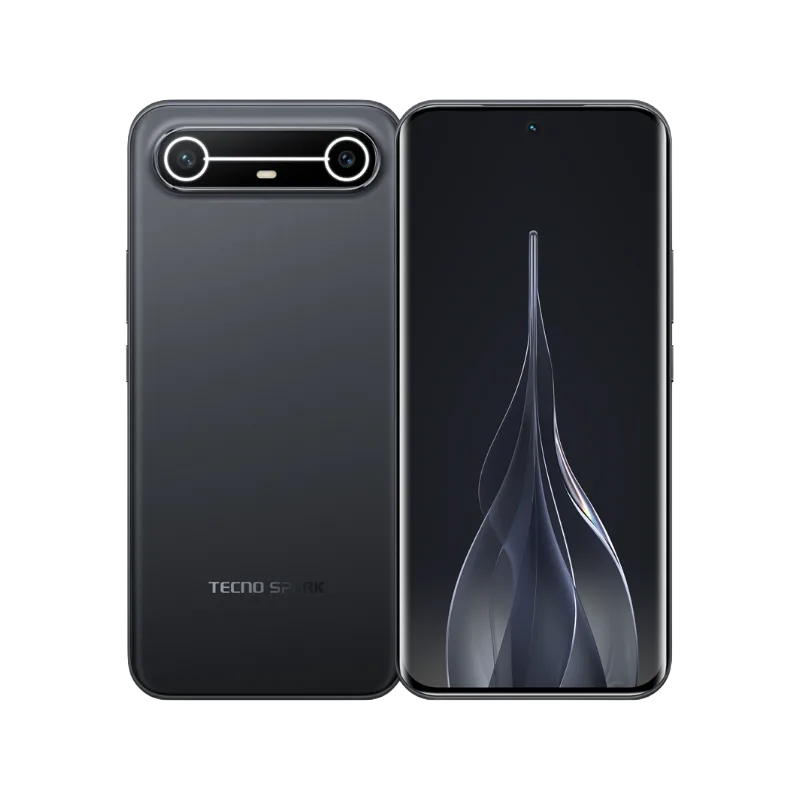 Front and back view of the Tecno Spark Slim, showcasing its slim design and dual camera setup.