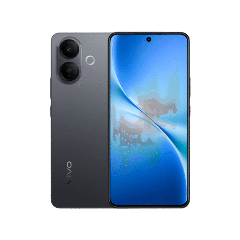 Vivo V60 Lite Image of the Vivo V60 Lite smartphone showing both front and back views. The front display features a vibrant blue gradient wallpaper with a centered punch-hole camera at the top. The back is matte gray with dual rear cameras arranged vertically in the upper left corner, accompanied by a fingerprint sensor near the center and the Vivo logo near the bottom left. The phone has a sleek, modern design with slim bezels.