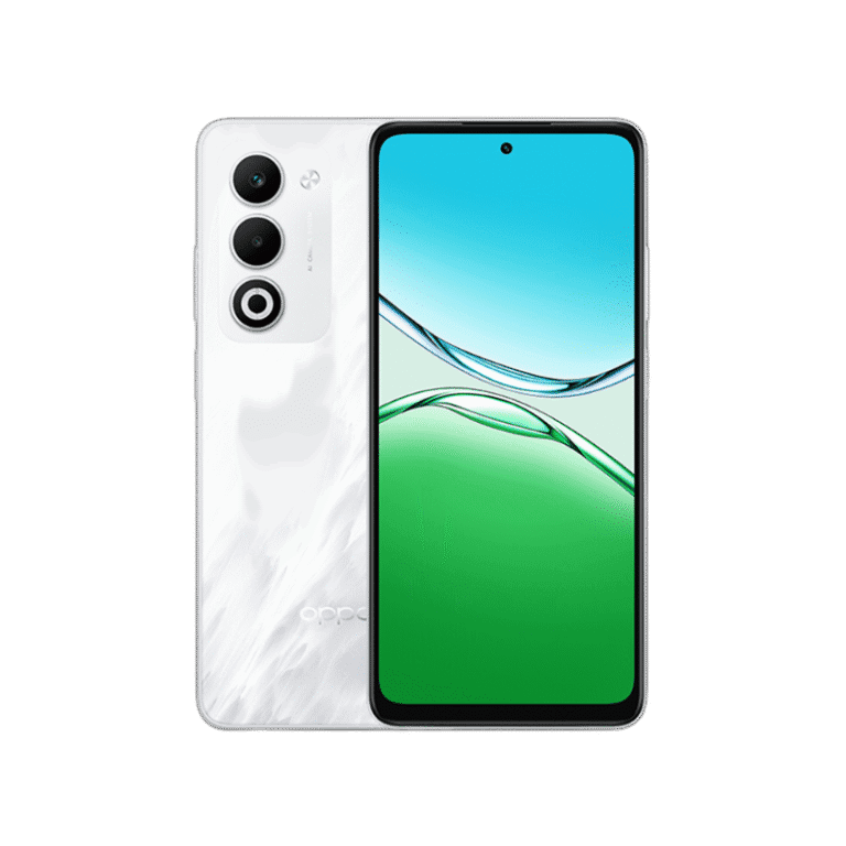 Oppo A5 5G Close-up of the OPPO A5 5G, showing the rear camera array and the front display with a water-drop notch.