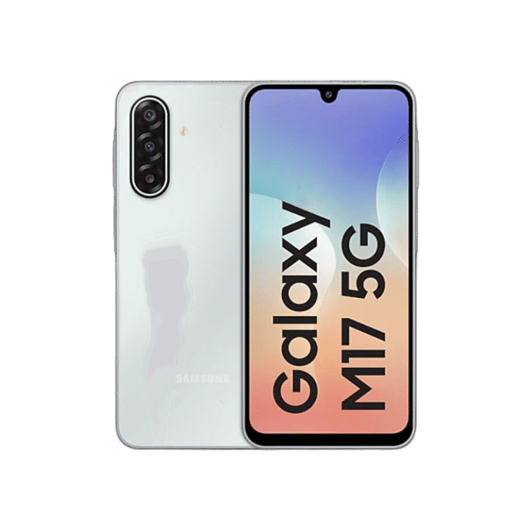 Samsung Galaxy M17 5G Image of a white Samsung Galaxy M17 5G smartphone, showing the rear camera setup and front display.