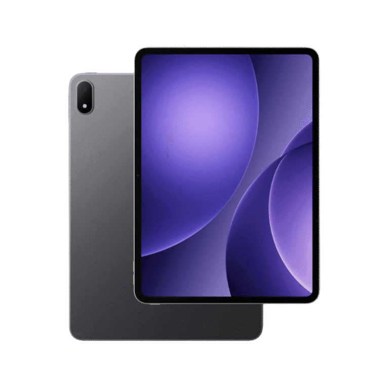 Oppo Pad 5 Image of the OPPO Pad 5 with a sleek gray design and a vibrant purple and white abstract wallpaper on its screen.