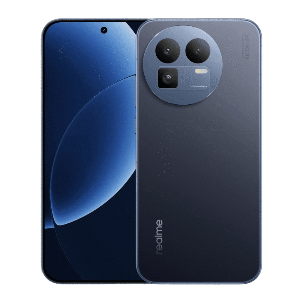 Realme GT8 Image of the Realme GT8, showcasing its blue color, sleek design, and distinctive circular camera module with multiple lenses.