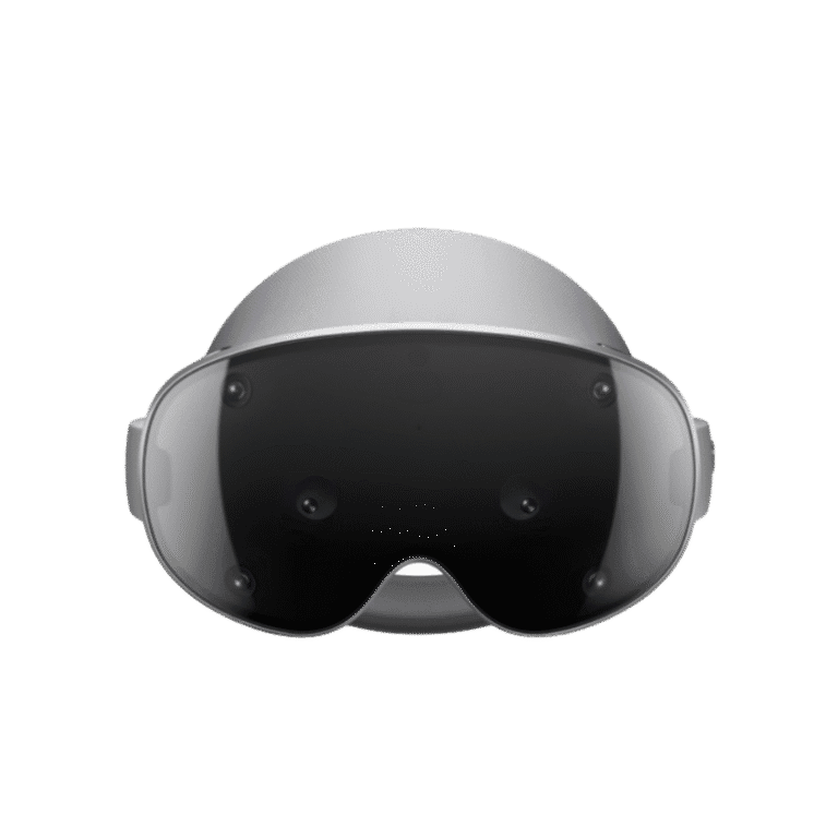 Samsung Galaxy XR A sleek, futuristic-looking silver Samsung Galaxy XR headset is centered against a black background, highlighting its smooth contours and advanced sensor array.