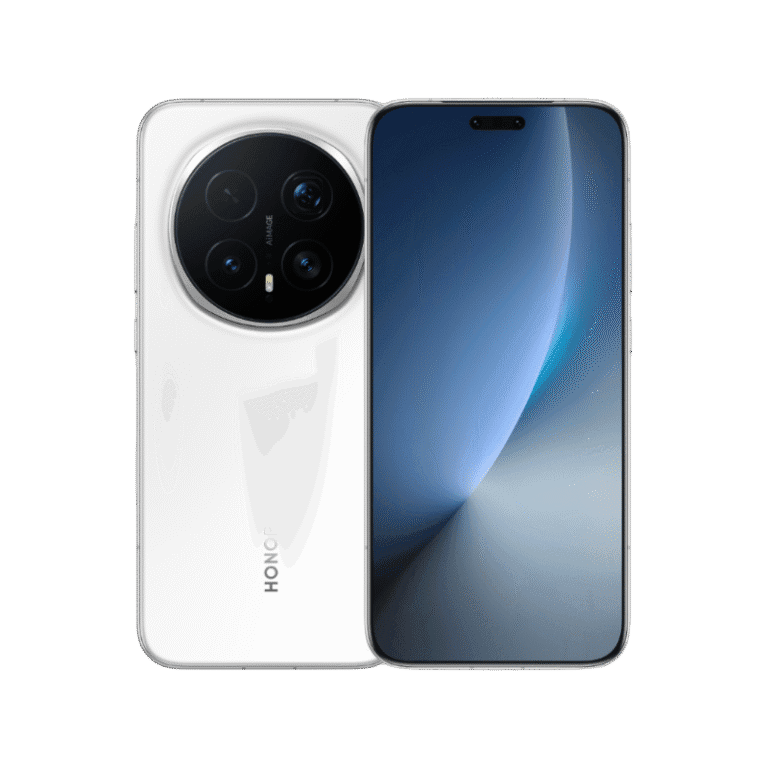 The Honor Magic 8 Pro smartphone in white, showcasing its circular camera module and sleek display.