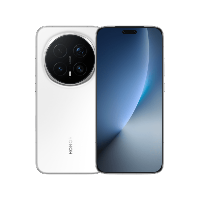 Honor Magic 8 Pro The Honor Magic 8 Pro smartphone in white, showcasing its circular camera module and sleek display.