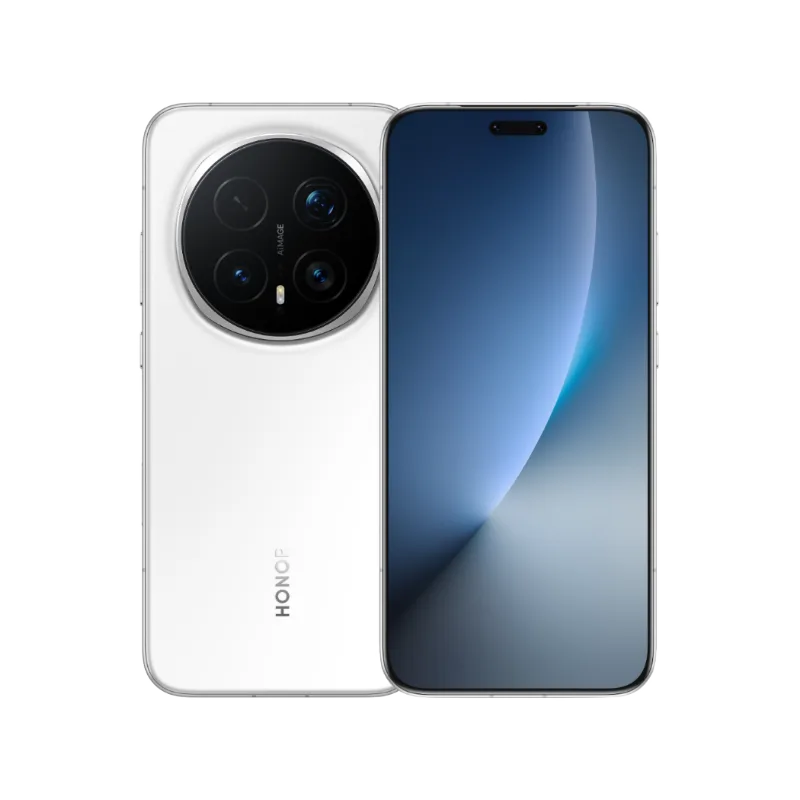 Honor Magic 8 Pro The Honor Magic 8 Pro smartphone in white, showcasing its circular camera module and sleek display.