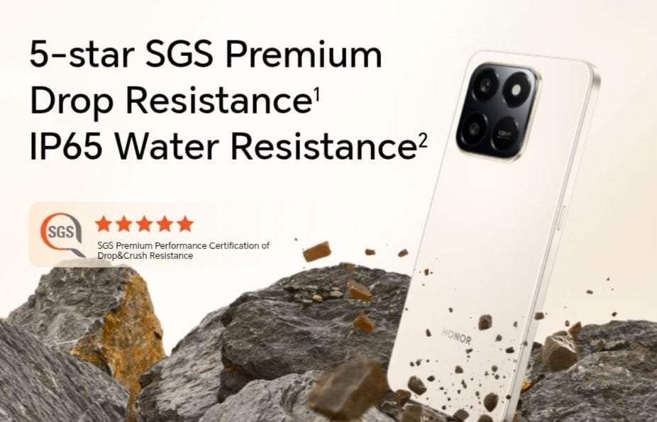 Image highlighting the durability of the Honor X7d, showcasing its 5-Star SGS certification for drop and crush resistance, and IP65 water resistance.