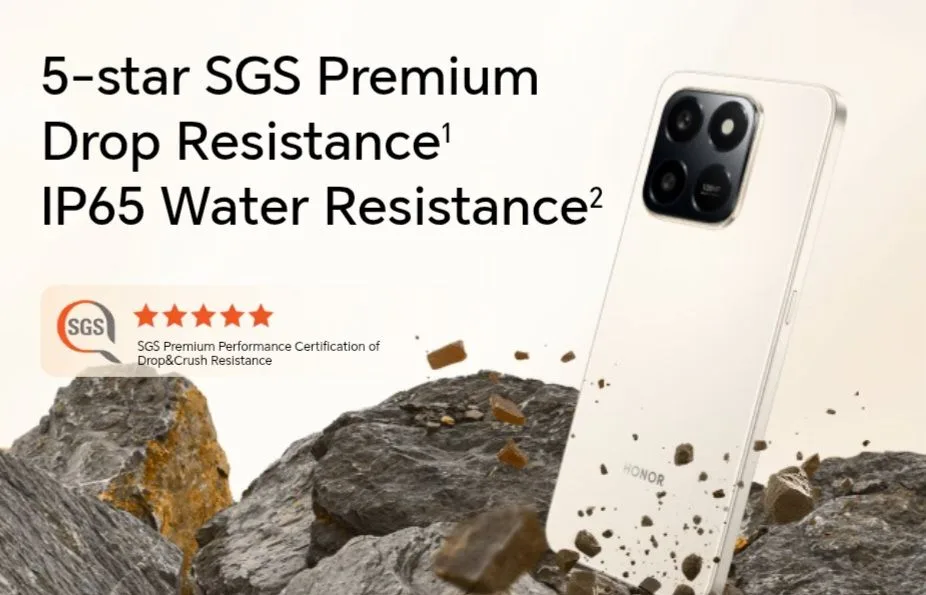 Honor X7d to Arrive in the Philippines on October 14, 2025 2 Image highlighting the durability of the Honor X7d, showcasing its 5-Star SGS certification for drop and crush resistance, and IP65 water resistance.