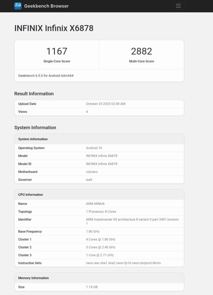 Screenshot of an Infinix X6878 Geekbench result. Key specs include Snapdragon 7 Gen 4 (implied), 1167 single-core score, 2882 multi-core score, Android 16, and 7.19GB RAM.