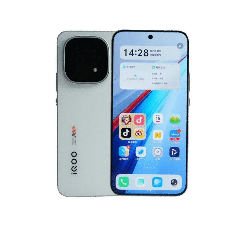 iQOO 15 White iQOO 15 smartphone showing the rear camera and front screen with app icons.