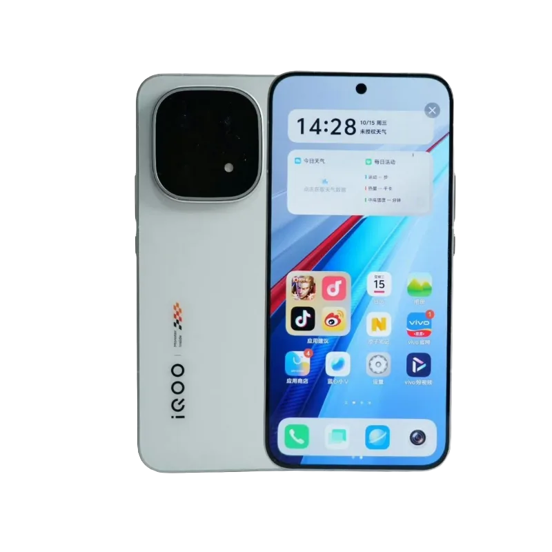 White iQOO 15 smartphone showing the rear camera and front screen with app icons.