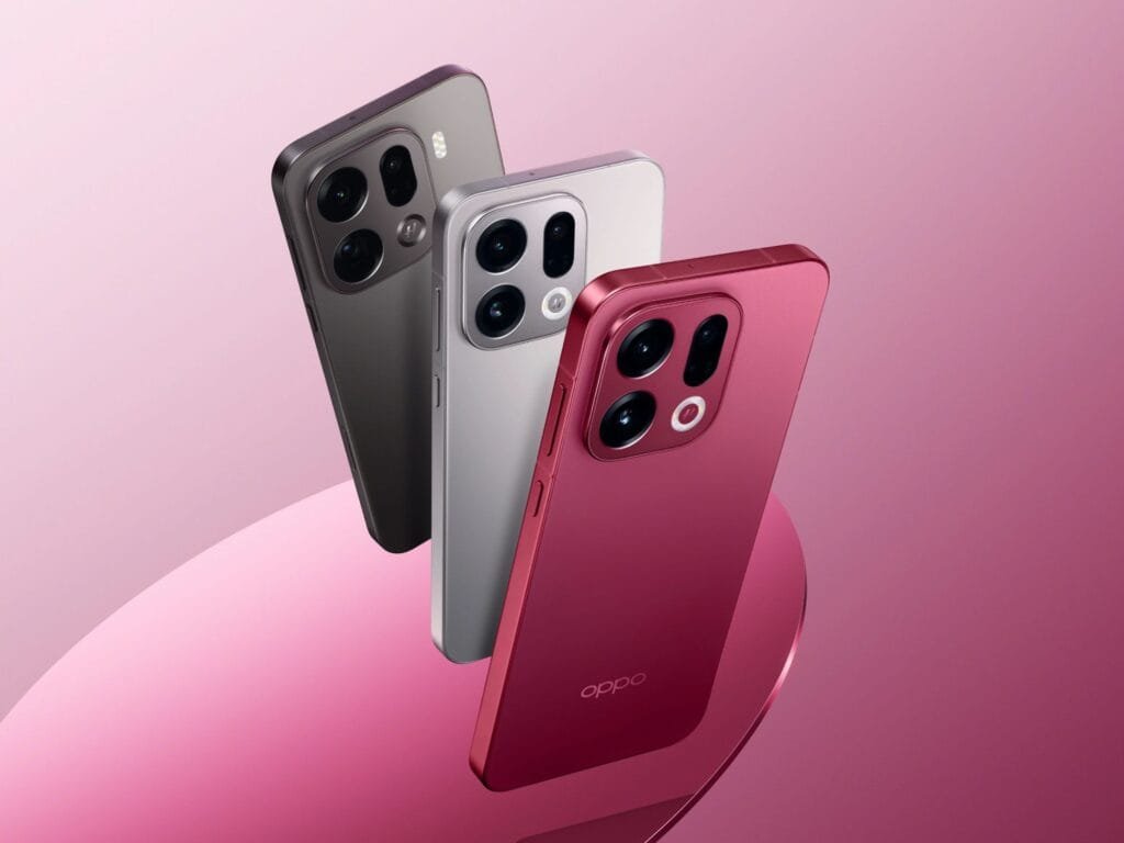 Three Oppo Find X9 phones in different colors (grey, silver, and red) arranged on a pink background, showcasing the new design.