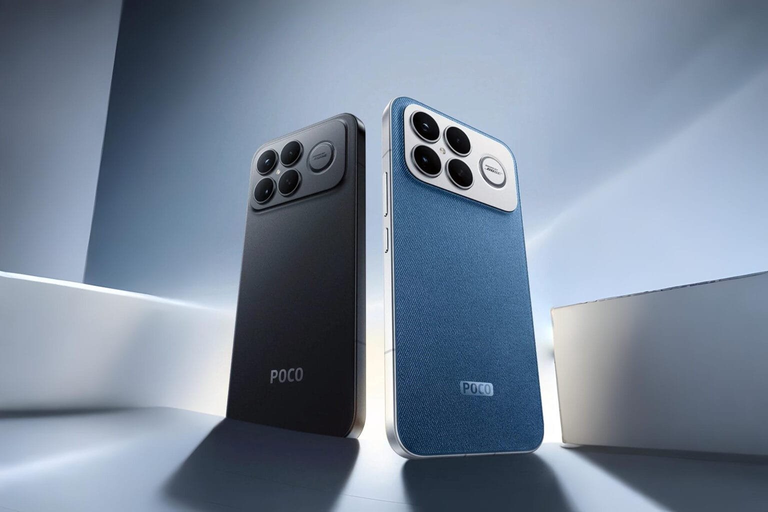 Poco F8 Ultra Arrives in the Philippines with a Starting Price of ₱34,999 Close-up of the Poco F8 Ultra in black and blue, highlighting the quad-camera setup and textured back.